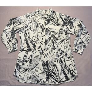 Chico's Long Sleeve Linen Top, Button Up, Black‎ White, Tropical, Sz 2/ 12-14